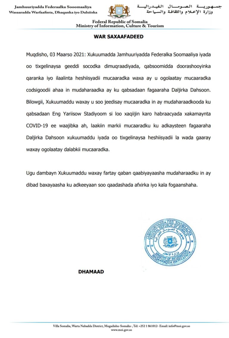 War Saxaafadeed: Bilowgii Xukuumaddu waxay u soo jeedisay mucaaradka in ay mudaharaadkooda ku…