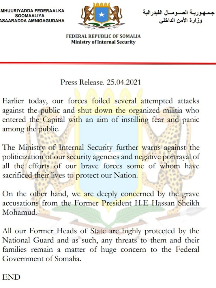 Press Release, Federal Government of Somalia has issued an statement on Sunday night’s security…